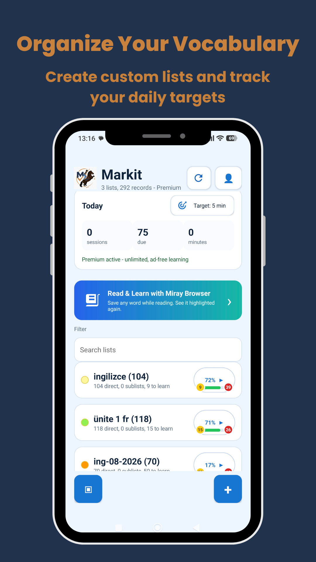 Markit Android app showing vocabulary lists and daily study target