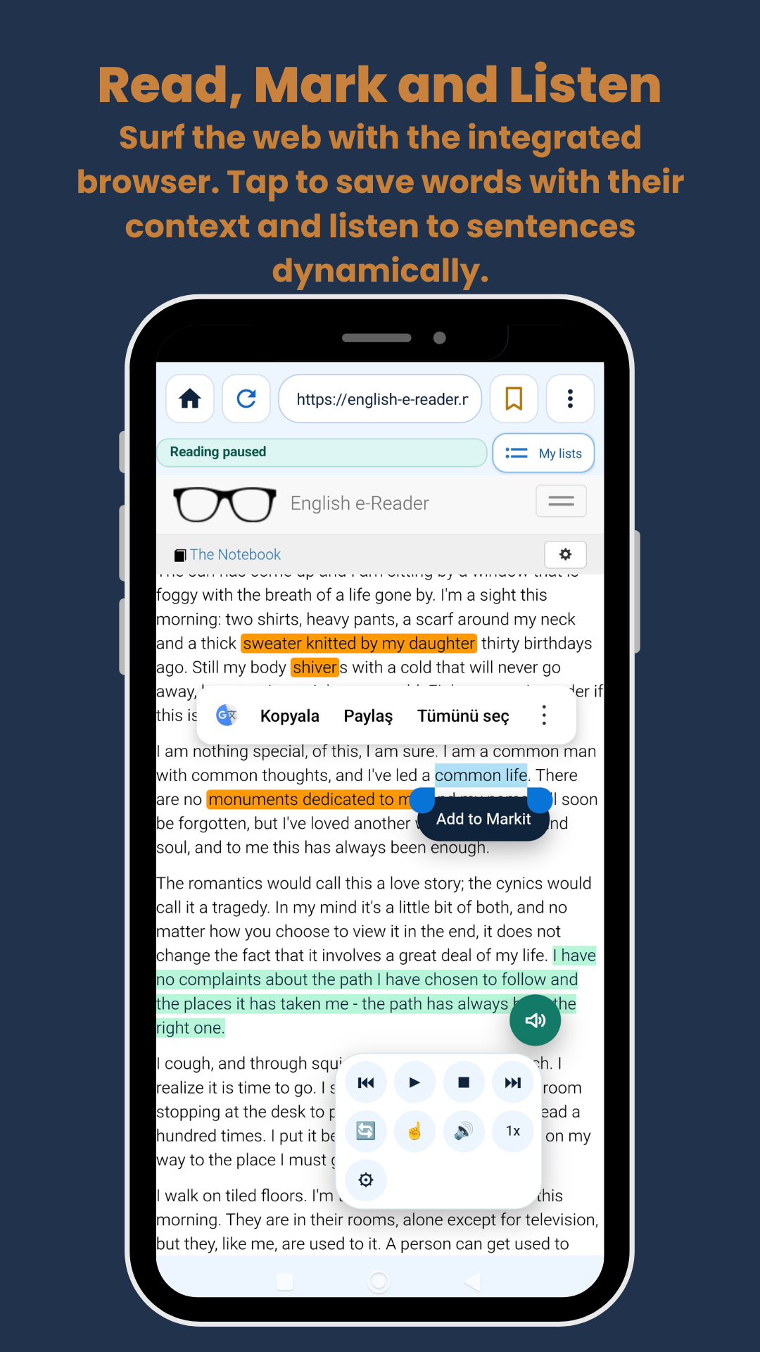 Miray Browser in Markit with highlighted text and listening controls