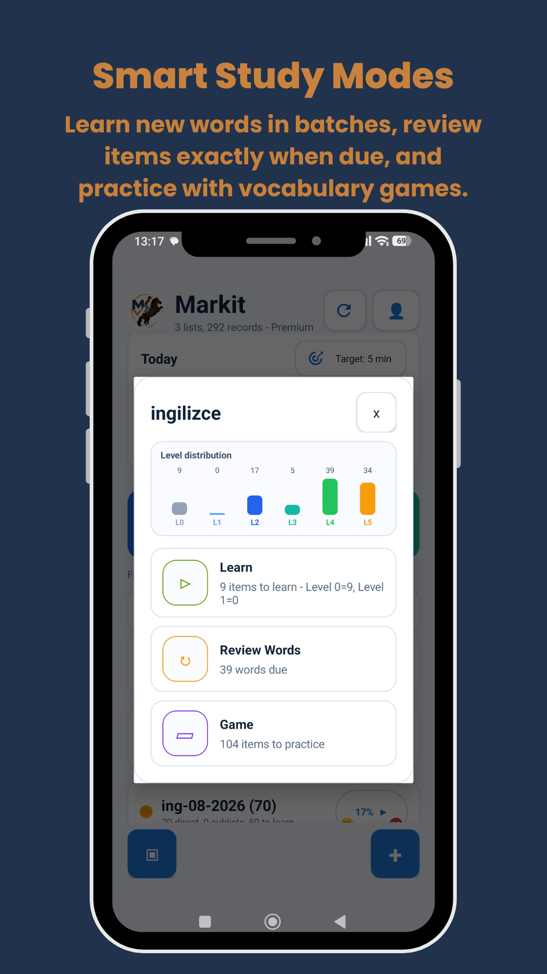 Markit Android app showing Learn, Review Words and Game study modes