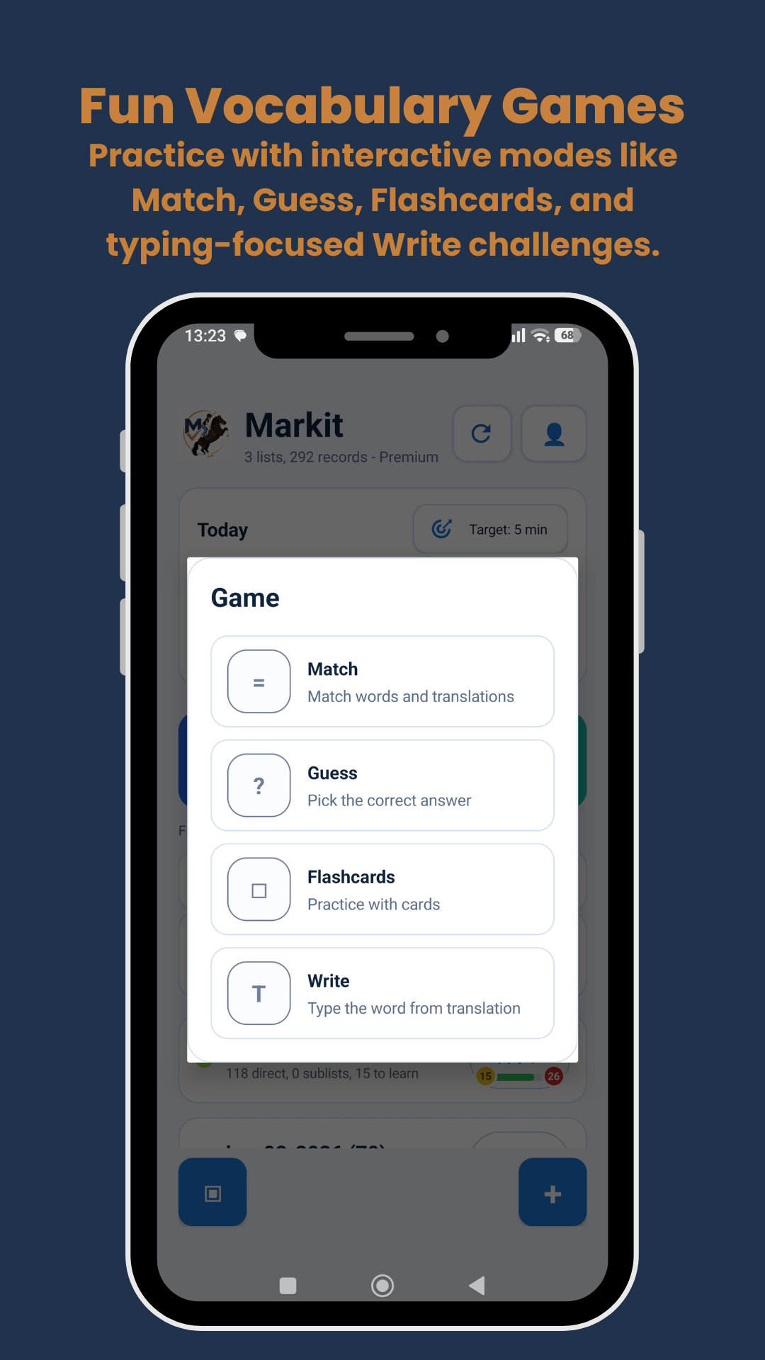 Markit Android app showing Match, Guess, Flashcards and Write games
