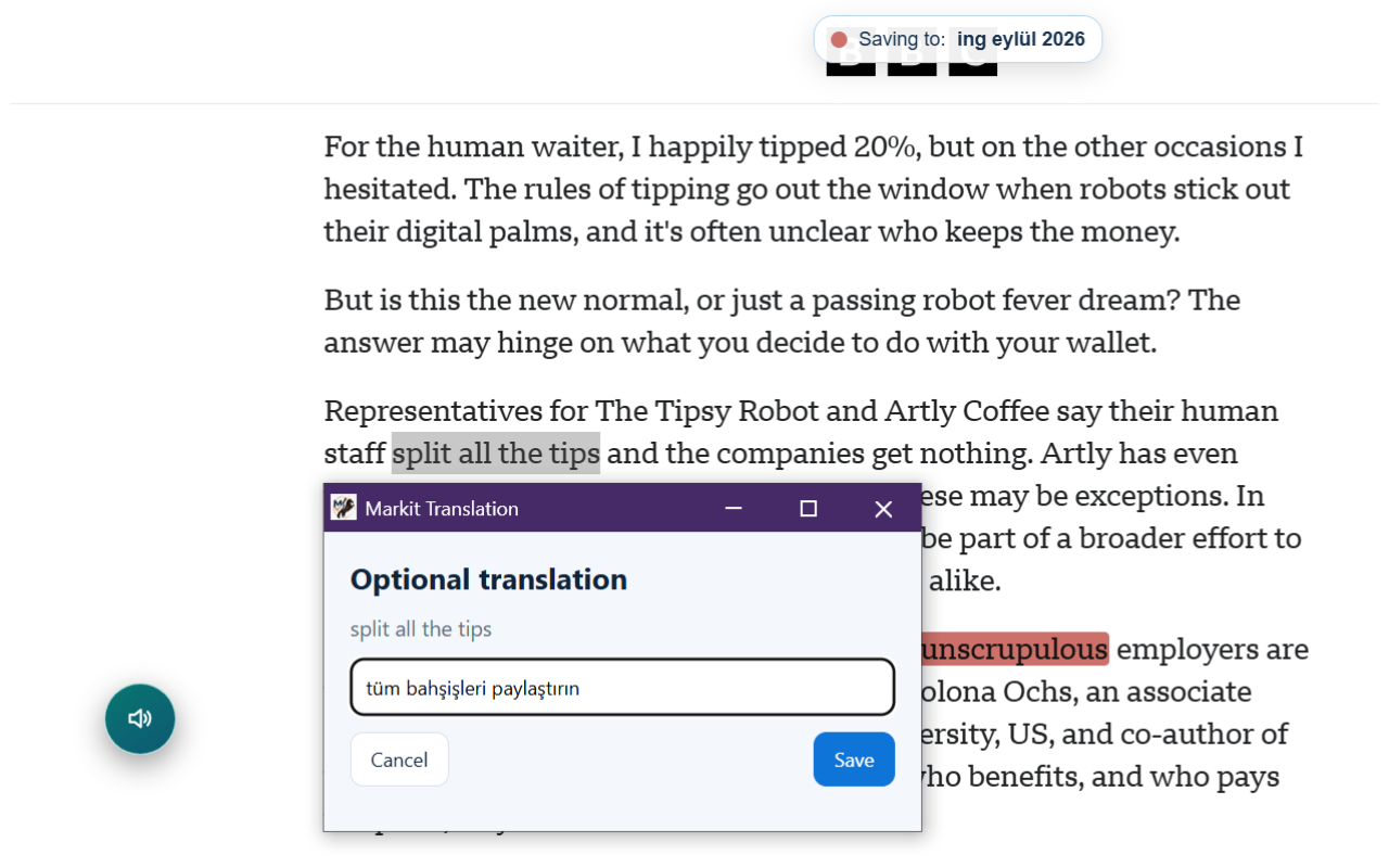 Markit Translation form with a selected phrase and translation field