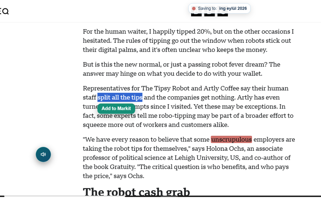 A phrase selected on a web page with the Add to Markit action